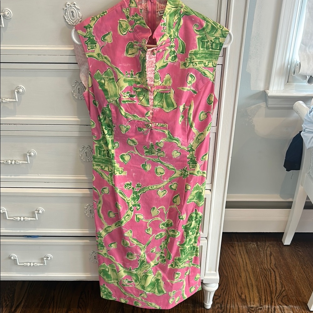 Vibrant Pink and Green Patterned Midi Dress